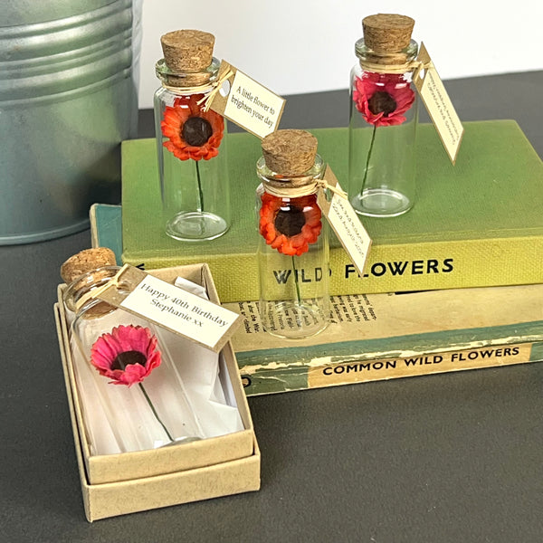 tiny paper gerbera daisy in a bottle by Made In Words