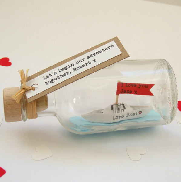 Paper Wedding Anniversary Gift - Personalised Paper Love Boat In A Bottle - Made In Words