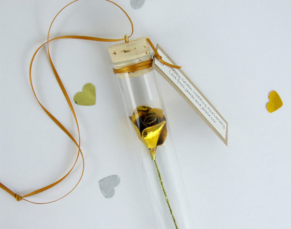 Golden Wedding Anniversary Gift - Gold Paper Rose In A Glass Vial - Made In Words