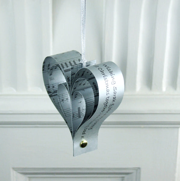Silver Wedding Anniversary Gift - Personalised Silver Sheet Music Heart Decoration - Made In Words