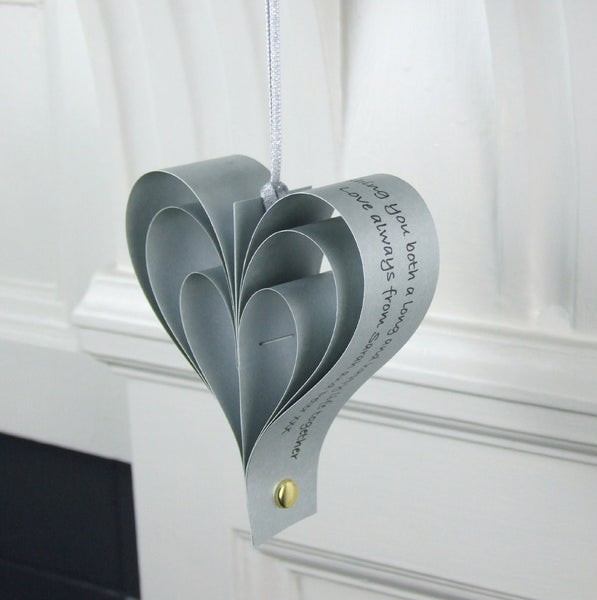 Silver Wedding Anniversary Gift - Silver Paper Personalised Heart Decoration - Made In Words