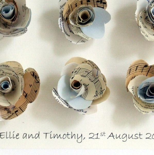 Paper Wedding Anniversary Gift - Personalised Paper Poetry And Music Framed Roses - Made In Words