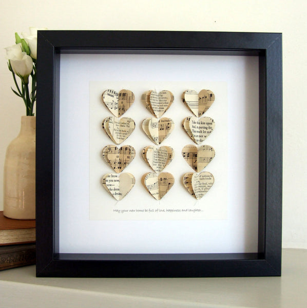 Paper Wedding Anniversary Gift - Personalised Poetry And Music Framed Hearts Picture - Made In Words