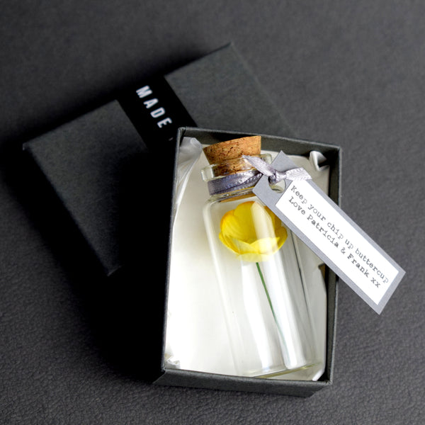 Tiny Buttercup In A Bottle Personalised Gift