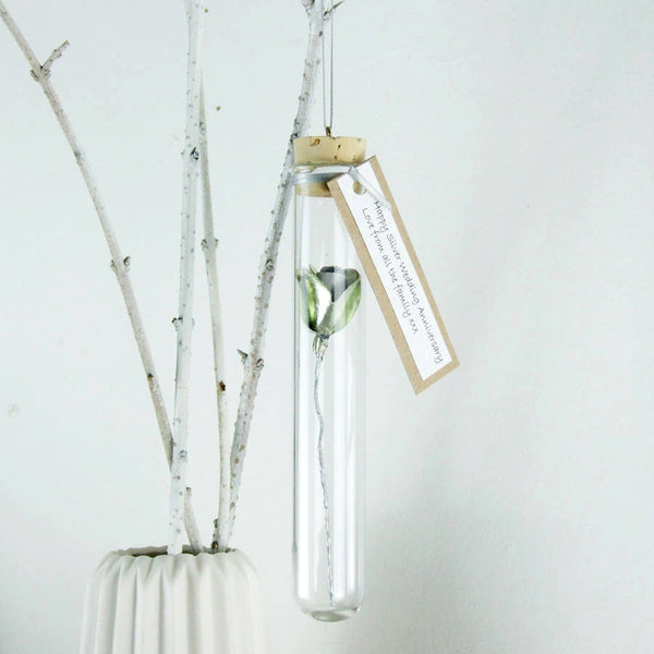Silver Wedding Anniversary Gift - Silver Personalised Paper Rose In A Glass Vial - Made In Words