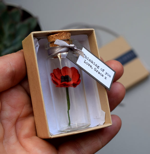 Tiny Paper Poppy In A Bottle With Personalised Message