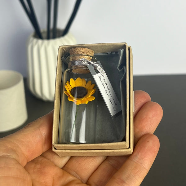 Miniature Personalised Sunflower In A Bottle Keepsake With Grey Tag