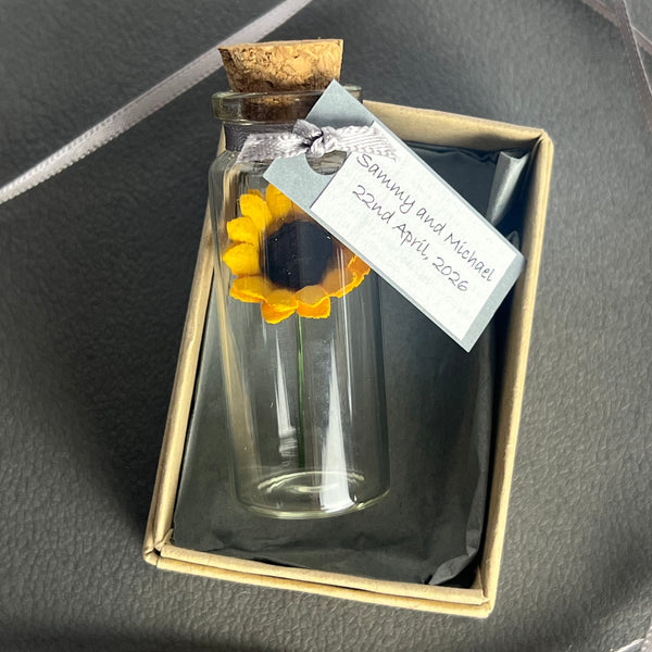 Miniature Personalised Sunflower In A Bottle Keepsake With Grey Tag