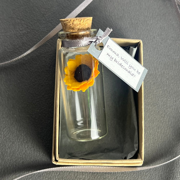 Miniature Personalised Sunflower In A Bottle Keepsake With Grey Tag