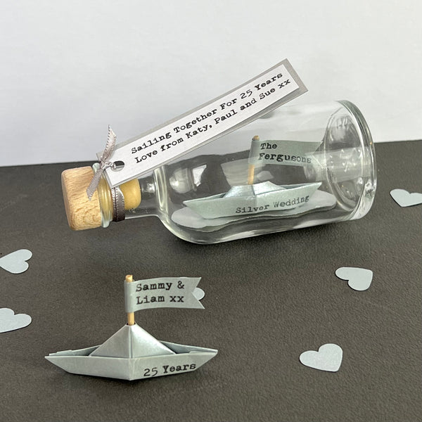 sailing together silver paper boat in a bottle anniversary gift
