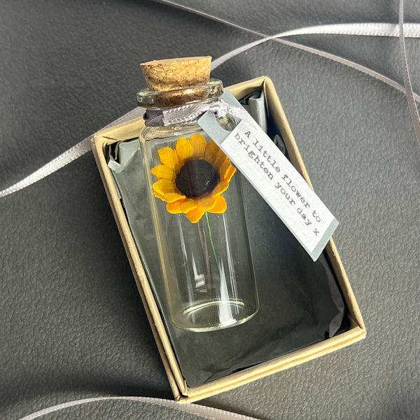 Miniature Personalised Sunflower In A Bottle Keepsake With Grey Tag