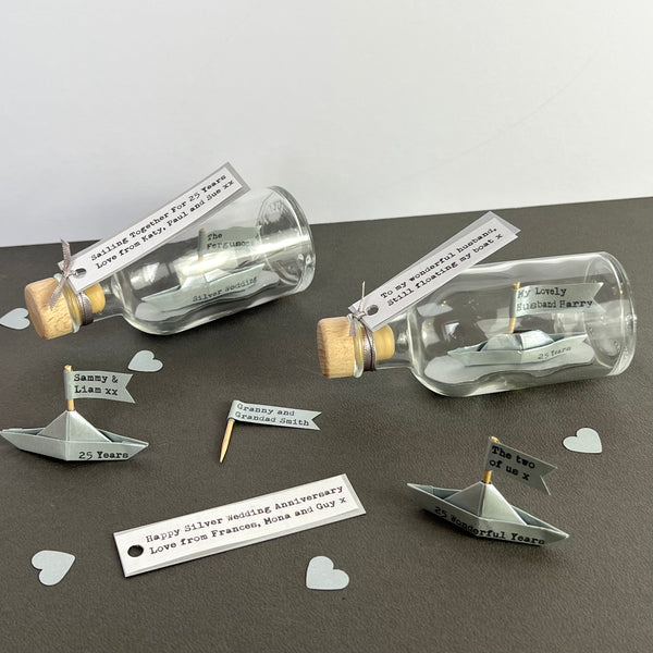 Silver anniversary boat in a bottle gift by Made In Words