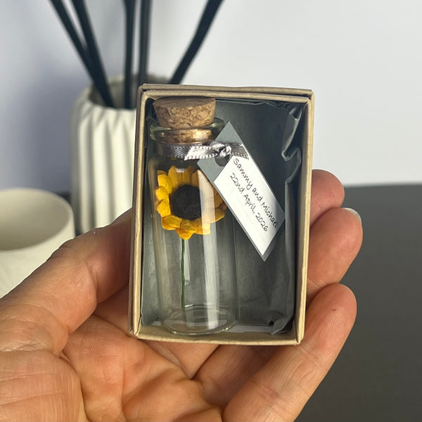 Miniature Personalised Sunflower In A Bottle Keepsake With Grey Tag