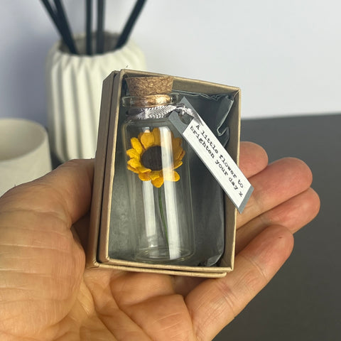 Miniature Personalised Sunflower In A Bottle Keepsake With Grey Tag
