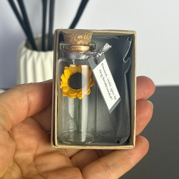 Miniature Personalised Sunflower In A Bottle Keepsake With Grey Tag