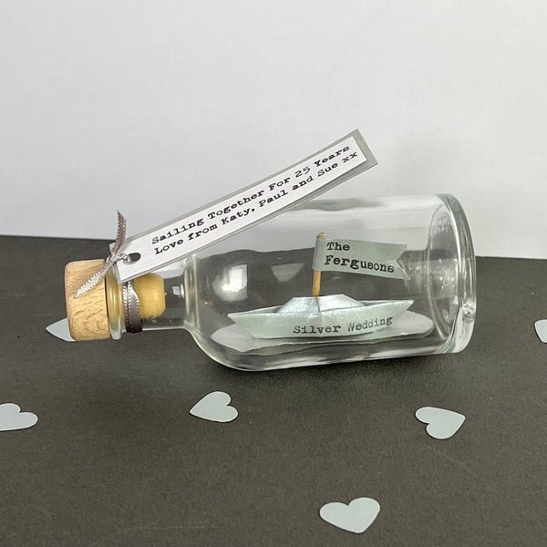 Sailing together silver anniversary boat in a bottle keepsake