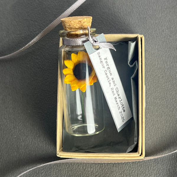 Miniature Personalised Sunflower In A Bottle Keepsake With Grey Tag
