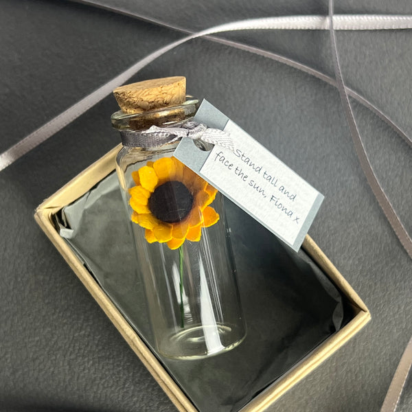 Miniature Personalised Sunflower In A Bottle Keepsake With Grey Tag