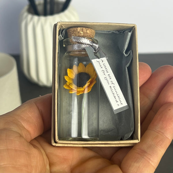 Miniature Personalised Sunflower In A Bottle Keepsake With Grey Tag