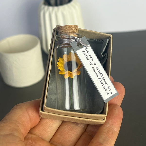 Miniature Personalised Sunflower In A Bottle Keepsake With Grey Tag