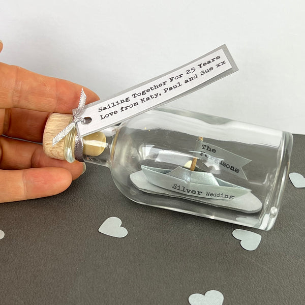 Silver wedding anniversary personalised silver boat in a bottle