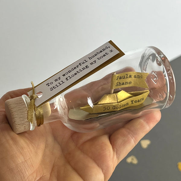 golden wedding anniversary ship in a bottle for husband