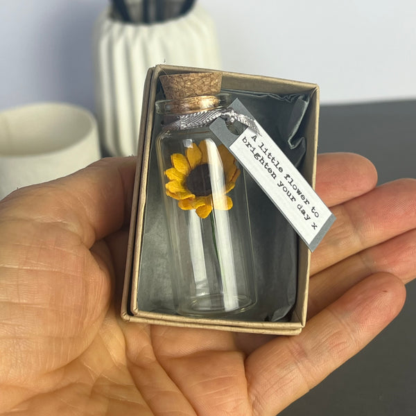 Miniature Personalised Sunflower In A Bottle Keepsake With Grey Tag