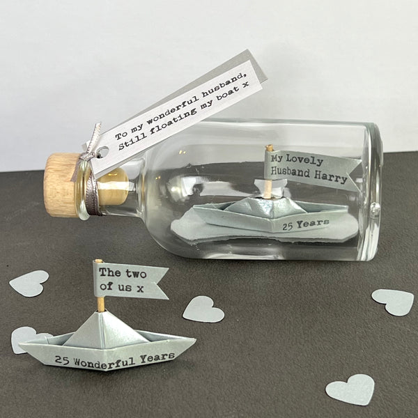 handmade silver paper ship in a bottle25th anniversary gift 