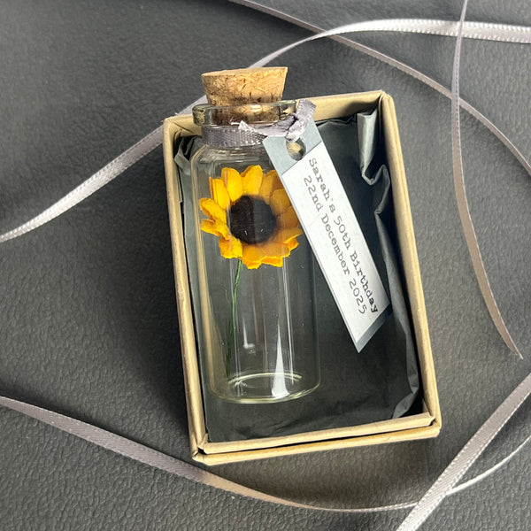 Miniature Personalised Sunflower In A Bottle Keepsake With Grey Tag