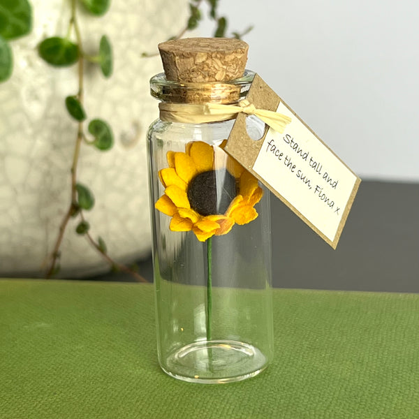 Tiny Sunflower In A Bottle With Personalised Message