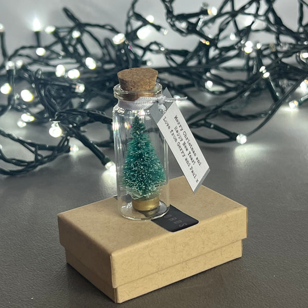 Personalised Miniature Christmas Tree In A Glass Bottle Keepsake With Grey Tag