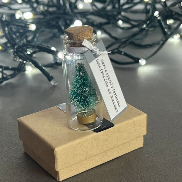 Personalised Miniature Christmas Tree In A Glass Bottle Keepsake With Grey Tag
