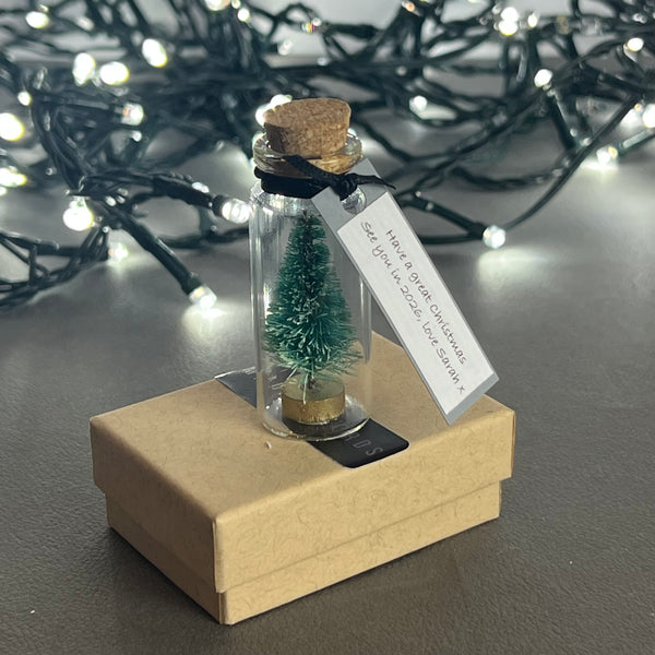 Personalised Miniature Christmas Tree In A Glass Bottle Keepsake With Grey Tag