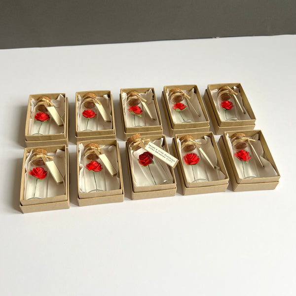 Personalised handmade Mini Glass Bottle Favors Or Invitations with Red Paper Roses – Set of 50