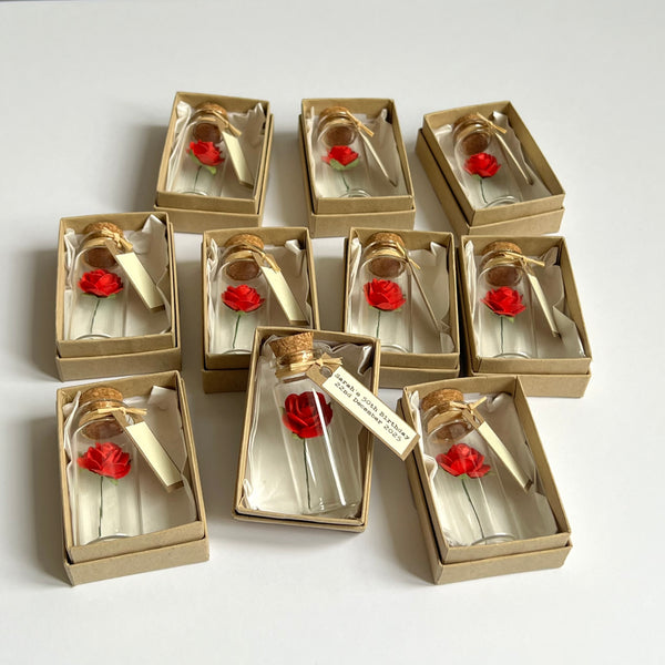 Personalised handmade Mini Glass Bottle Favors Or Invitations with Red Paper Roses – Set of 50
