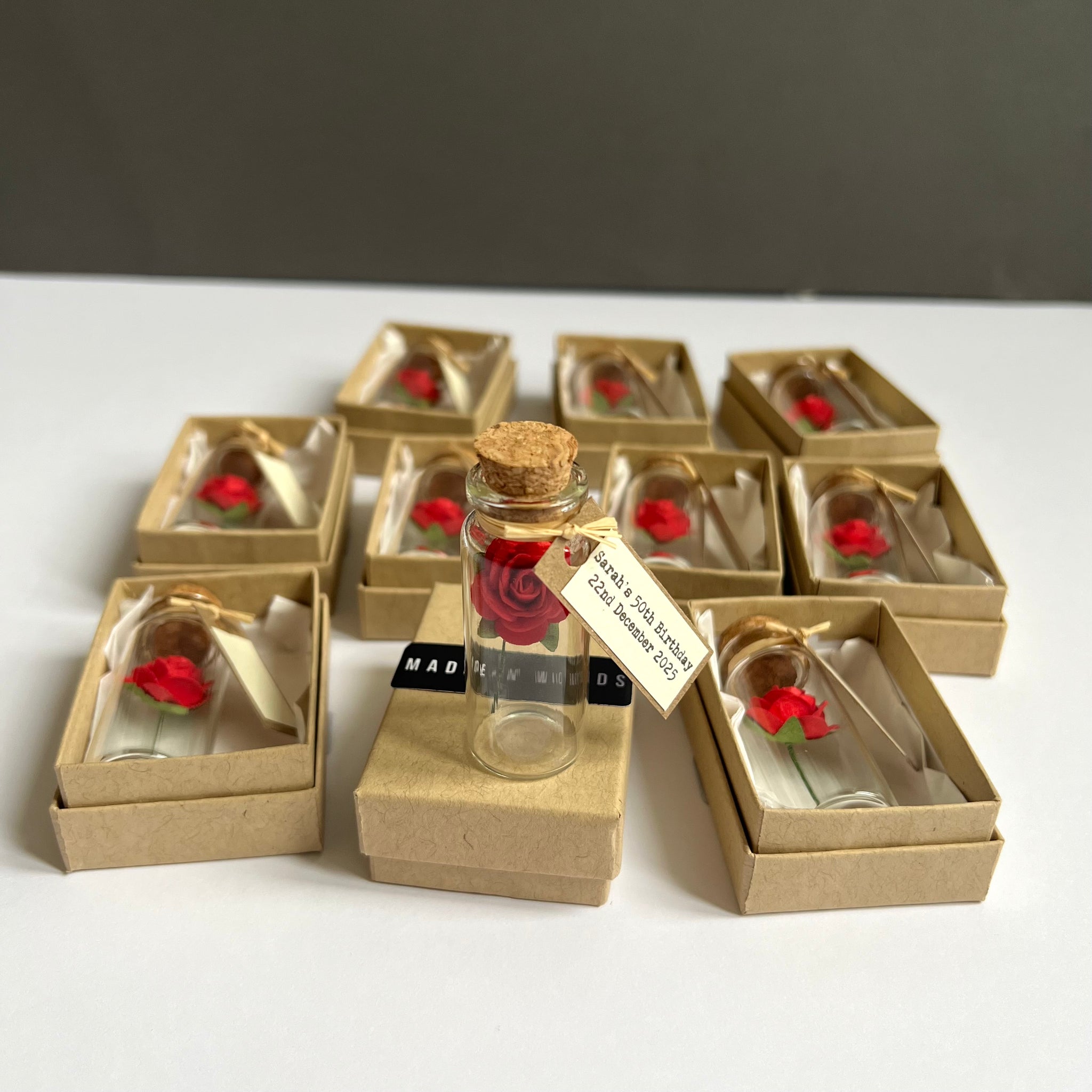 Ten Personalised Handmade Miniature Red Rose In A Bottle Wedding Or Party Favors