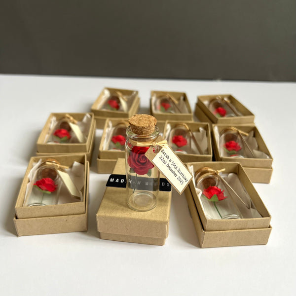 Ten Personalised Handmade Miniature Red Rose In A Bottle Wedding Or Party Favors