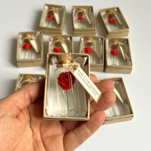 Personalised Handmade Mini Glass Bottle Favors with Red Paper Roses – Set of 25