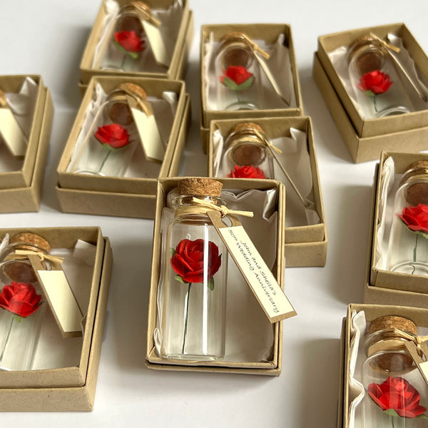 Personalised handmade Mini Glass Bottle Favors Or Invitations with Red Paper Roses – Set of 50