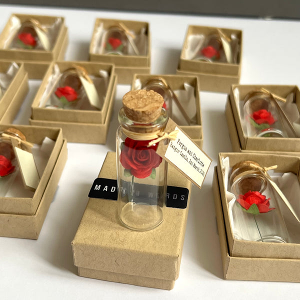 Personalised handmade Mini Glass Bottle Favors Or Invitations with Red Paper Roses – Set of 50