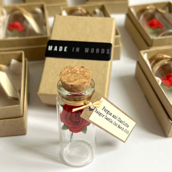 Personalised handmade Mini Glass Bottle Favors Or Invitations with Red Paper Roses – Set of 50