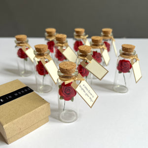 Personalised handmade Mini Glass Bottle Favors Or Invitations with Red Paper Roses – Set of 50