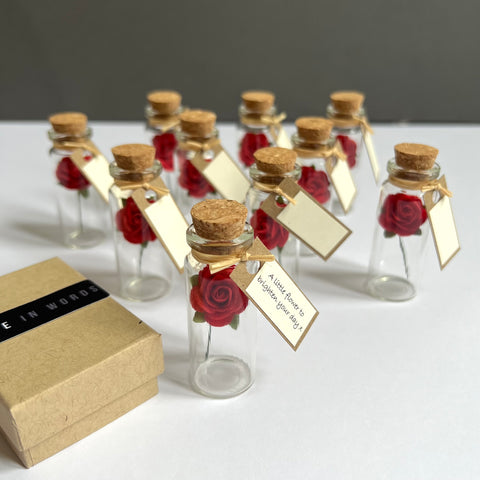 Personalised handmade Mini Glass Bottle Favors Or Invitations with Red Paper Roses – Set of 50