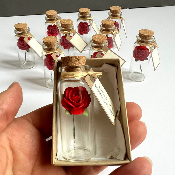 Personalised handmade Mini Glass Bottle Favors Or Invitations with Red Paper Roses – Set of 50