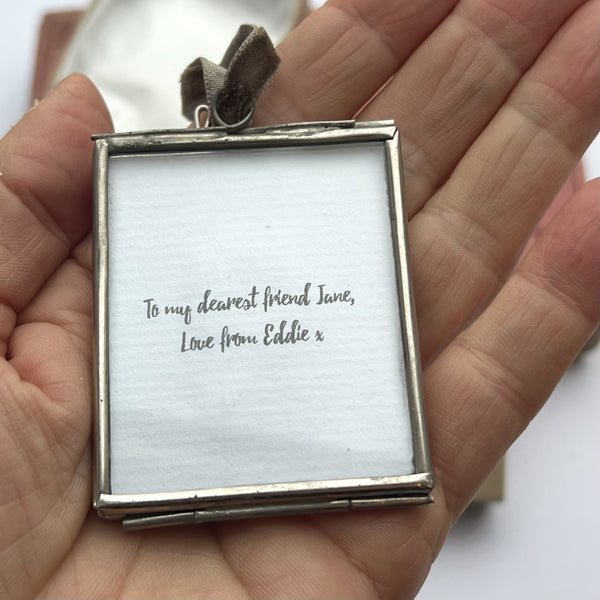 Custom message on reverse of handmade forget-me-not framed artwork