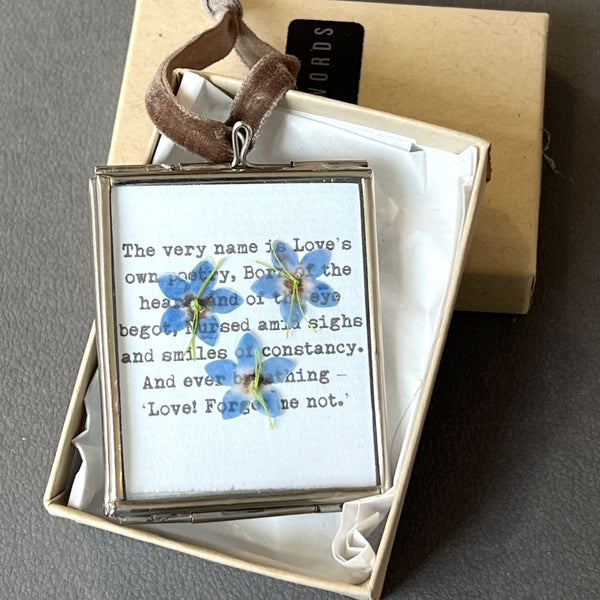 Forget-me-not personalised artwork in brass frame tied with velvet ribbon ready to gift