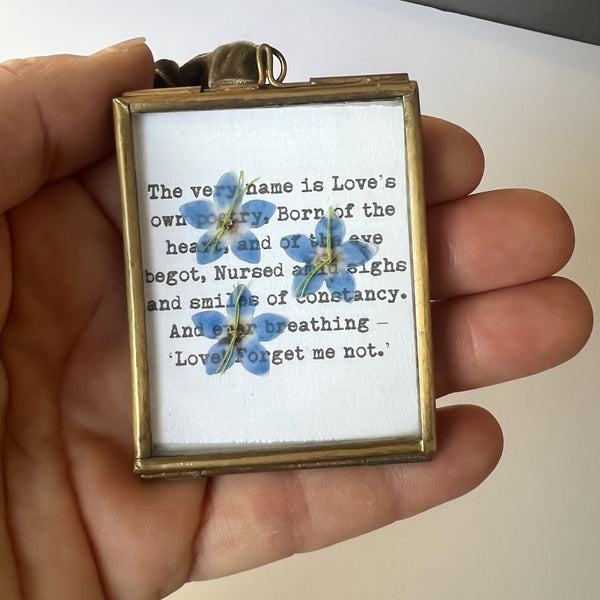 Personalised forget-me-not framed artwork with stitched flowers and poem in brass frame