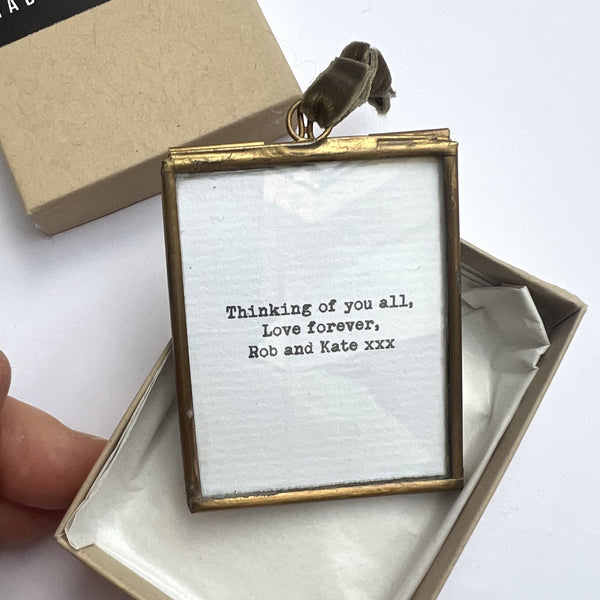 Forget-me-not artwork in brass frame tied with velvet ribbon ready to gift