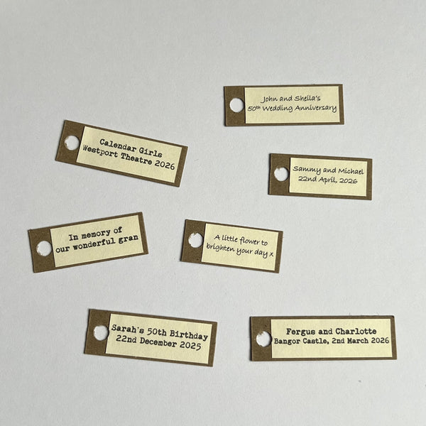 10 Personalised Handmade Cream Paper Rose Glass Bottle Favors with Custom Tags