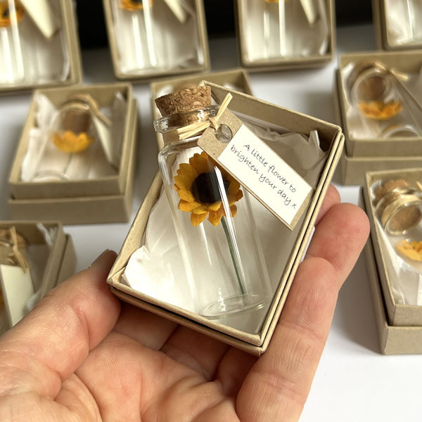 Sunflowers in a bottle wedding favour, party gift, or remembrance keepsake, available in sets of 10, 25 or 50